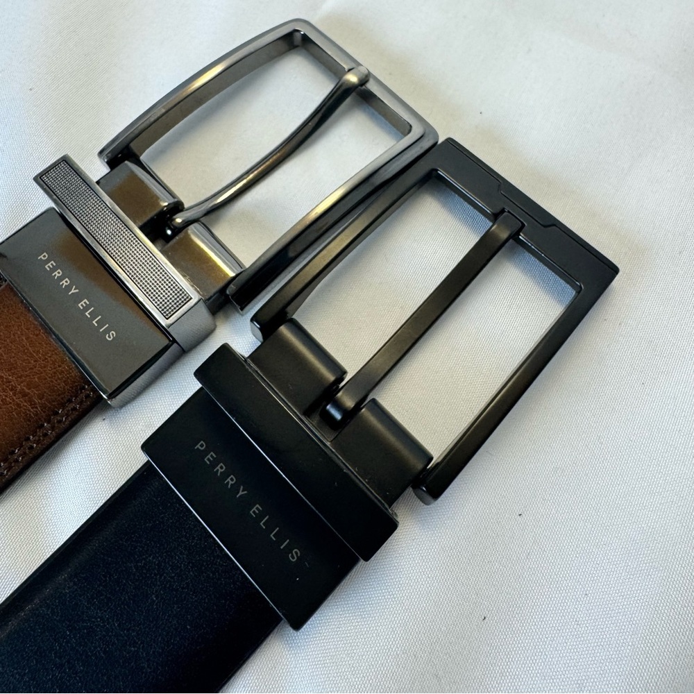 Two Perry Ellis Brown/Black Leather Reversible Belts - Black/Gunmetal 30/32 - Picture 9 of 13